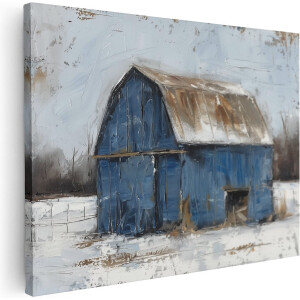 Artaza Canvas Schilderij Blauwe Schuur in de Sneeuw - 120x90 cm - Wanddecoratie Woonkamer - Schilderijen - Muurdecoratie