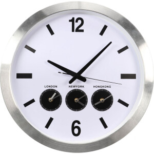 Perel Analoge wereldklok met 3 tijdzones, muurmodel met automatische zomer/wintertijd omschakeling, exclusief batterijen