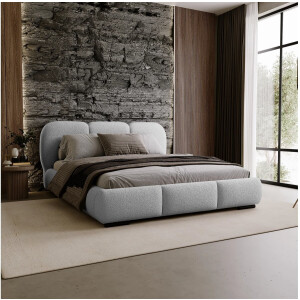 Gestoffeerd Tweepersoons Opbergbed 160x200 cm – Luxe Bouclé Teddy Stof Lichtgrijs – Modern Slim Design Bed met Houten Lattenbodem & Grote Opbergruimte – Holi Style Comfort Bed – Abkantoor