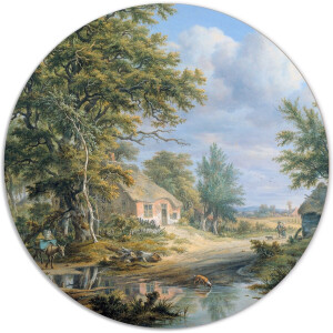 Label2X - Muurcirkel - Boerderijen aan Rand Bos - Ø 120 cm - Forex - Multicolor - Wandcirkel - Rond Schilderij - Bloemen en Planten - Muurdecoratie Cirkel - Wandecoratie rond - Decoratie voor woonkamer of slaapkamer