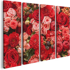 Artaza Canvas Schilderij Vierluik Rode En Roze Bloemen Met Fruit - Abstract - 80x60 - Foto Op Canvas - Canvas Print