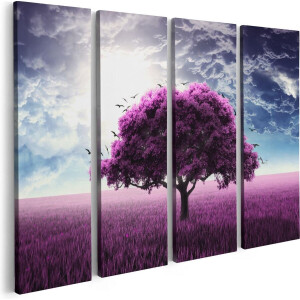 Artaza Canvas Schilderij Vierluik Paarse Boom In Het Paars Veld Met Vogels - 80x60 - Foto Op Canvas - Canvas Print
