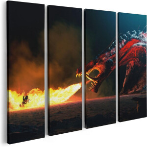 Artaza Canvas Schilderij Vierluik Draak Spuwt Vuur op een Paard en Knecht - 80x60 - Foto Op Canvas - Canvas Print