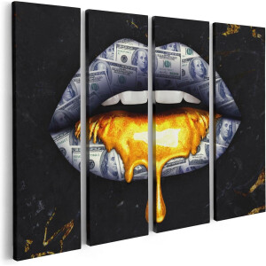 Artaza Canvas Schilderij Vierluik Dollar Lippen Met Goud - 80x60 - Foto Op Canvas - Canvas Print