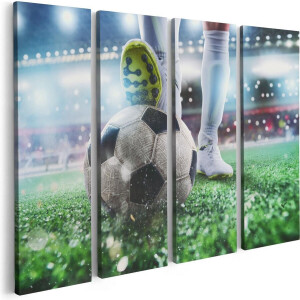 Artaza Canvas Schilderij Vierluik Voetbalspeler Met De Bal In Het Stadion - 80x60 - Foto Op Canvas - Canvas Print