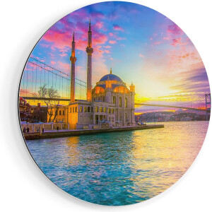 Artaza Dibond Muurcirkel Kleurrijke Ortakoy Moskee In Instanbul - Ø 80 cm - Groot - Wandcirkel - Rond Schilderij - Voor Binnen en Buiten