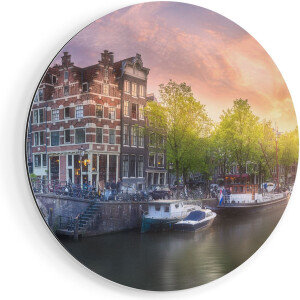 Artaza Dibond Muurcirkel Amsterdamse Grachten  - Ø 80 cm - Groot - Wandcirkel - Rond Schilderij - Voor Binnen en Buiten