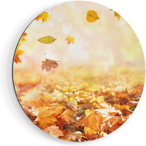 Artaza Dibond Muurcirkel Blauwe Paraplu in de Herfstbos met Bladeren - Ø 70 cm - Wandcirkel - Rond Schilderij - Voor Binnen en Buiten