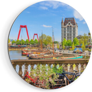 Artaza Dibond Muurcirkel Kleurrijke Oude Haven In Rotterdam - Ø 80 cm - Groot - Wandcirkel - Rond Schilderij - Voor Binnen en Buiten