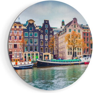 Artaza Dibond Muurcirkel Amsterdamse Huisjes Vanaf De Gracht - Ø 60 cm - Wandcirkel - Rond Schilderij - Voor Binnen en Buiten