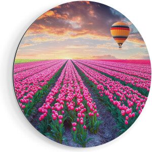 Artaza Dibond Muurcirkel Bloemenveld Met Roze Tulpen - Luchtballon - Ø 40 cm - Klein - Wandcirkel - Rond Schilderij - Voor Binnen en Buiten
