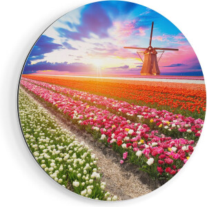 Artaza Dibond Muurcirkel Kleurrijke Bloemenveld Met Een Windmolen - Ø 80 cm - Groot - Wandcirkel - Rond Schilderij - Voor Binnen en Buiten