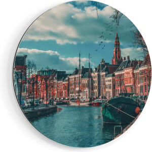 Artaza Dibond Muurcirkel Gracht in Groningen  - Ø 40 cm - Klein - Wandcirkel - Rond Schilderij - Voor Binnen en Buiten