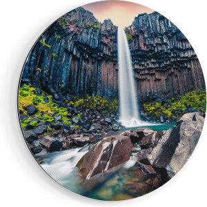 Artaza Dibond Muurcirkel Waterval In IJsland  - Ø 40 cm - Klein - Wandcirkel - Rond Schilderij - Voor Binnen en Buiten