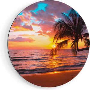 Artaza Dibond Muurcirkel Tropisch Strand Tijdens Zonsondergang - Ø 60 cm - Wandcirkel - Rond Schilderij - Voor Binnen en Buiten