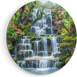Artaza Dibond Muurcirkel Tropische Waterval In Thailand - Ø 70 cm - Wandcirkel - Rond Schilderij - Voor Binnen en Buiten