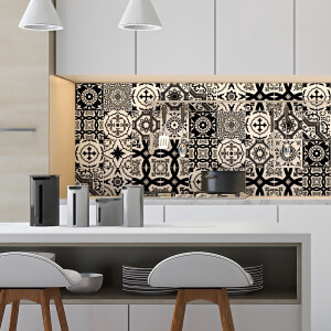 Zelfklevende tegelmuurstickers voor keuken en badkamer - 16 moderne Azulejo tegelstickers in zwart-wit tinten - 16 stickers, 15x15cm