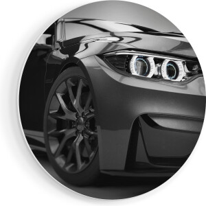 Artaza Forex Muurcirkel Grijze Sportwagen Auto - Zwart Wit - 40x40 cm - Klein - Wandcirkel - Rond Schilderij - Wanddecoratie Cirkel
