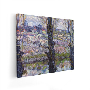 Artaza Canvas Schilderij Vincent van Gogh Schilderij van Bloeiende Boomgaard met Bomen op de Voorgrond - 100x80 cm - Wanddecoratie Woonkamer - Schilderijen - Muurdecoratie