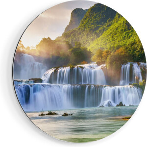 Artaza Dibond Muurcirkel Watervallen Tussen De Bomen - Ø 80 cm - Groot - Wandcirkel - Rond Schilderij - Voor Binnen en Buiten