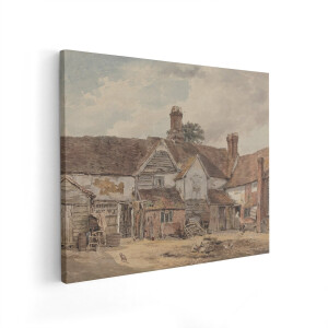 Artaza Canvas Schilderij Oude Boerderij met Kippen en Landbouwgereedschap in de Zon - 50x40 cm - Wanddecoratie Woonkamer - Schilderijen - Muurdecoratie