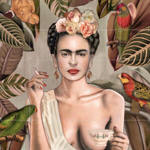 IXXI Frida Con Amigos Bohemian, Nettsch - 100 x 100 cm - Gratis ophangtool - Grote wanddecoratie en posters - Speels, Illustraties, Woonkamer, Gang