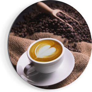Artaza Dibond Muurcirkel Kopje Koffie In Een Hartje Met Koffiebonen - Ø 90 cm - Groot - Wandcirkel - Rond Schilderij - Voor Binnen en Buiten