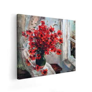 Artaza Canvas Schilderij Bloemen - 100x80 cm - Wanddecoratie Stilleven - Muurdecoratie Klaprozen In Vaas - Schilderijen Op Canvas Woonkamer - Rood