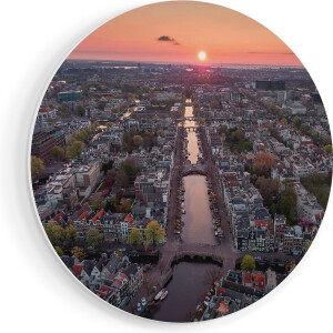 Artaza Forex Muurcirkel Bovenaanzicht Amsterdam Met Zonsondergang - 90x90 cm - Groot - Wandcirkel - Rond Schilderij - Muurdecoratie Cirkel