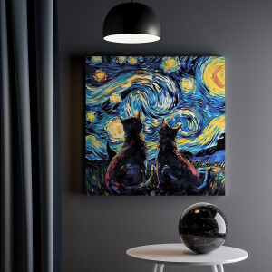 Artaza Canvas Schilderij Sterrennacht Katten - 30x30 cm - Klein - Muurdecoratie Van Gogh - Wanddecoratie Dieren - Schilderijen Op Canvas