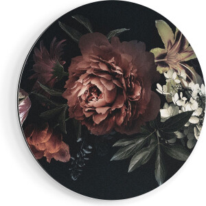Artaza Dibond Muurcirkel Bloemen Op Een Zwart Achtergrond - Ø 40 cm - Klein - Wandcirkel - Rond Schilderij - Voor Binnen en Buiten