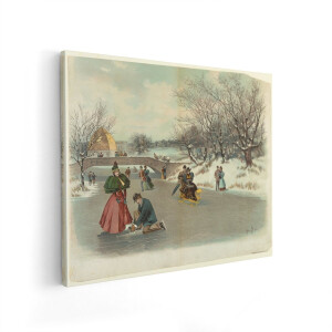 Artaza Canvas Schilderij Winterlandschap - 100x80 cm - Wanddecoratie Vintage Schaatsers - Muurdecoratie Arrenslee - Schilderijen Op Canvas Natuur