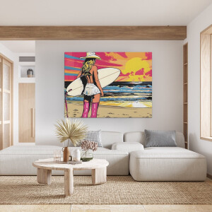 Artaza Canvas Schilderij Surfer Vrouw - 120x90 cm - Wanddecoratie Strand Zee - Muurdecoratie Zonsondergang - Pop Art Schilderij - Roze
