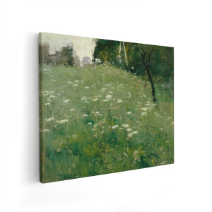 Artaza Canvas Schilderij Bloemenweide - 100x80 cm - Wanddecoratie Witte Bloemen - Muurdecoratie Landschap - Decoratie Natuur Schilderijen
