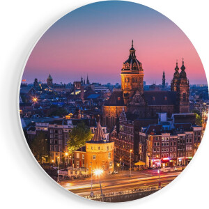 Artaza Forex Muurcirkel Amsterdam Skyline Bij Zonsondergang - 50x50 cm - Klein - Wandcirkel - Rond Schilderij - Muurdecoratie Cirkel
