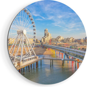 Artaza Dibond Muurcirkel Scheveningen Pier met de Ferris Wheel - Reuzenrad - Ø 40 cm - Klein - Wandcirkel - Rond Schilderij - Voor Binnen en Buiten