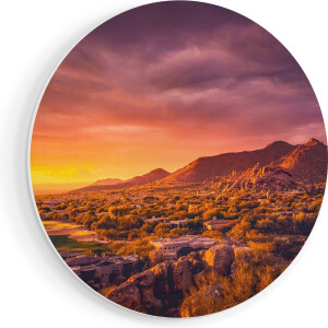 Artaza Forex Muurcirkel Woestijn Landschap Met Zonsondergang - 90x90 cm - Groot - Wandcirkel - Rond Schilderij - Muurdecoratie Cirkel