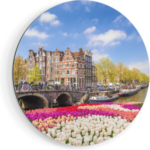 Artaza Dibond Muurcirkel Amsterdamse Huisjes Aan De Grachten  - Ø 40 cm - Klein - Wandcirkel - Rond Schilderij - Voor Binnen en Buiten