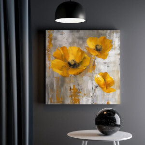 Artaza Canvas Schilderij Drie Gele Klaprozen op een Grijze Achtergrond - Bloemen - 30x30 cm - Klein - Wanddecoratie Woonkamer - Schilderijen - Muurdecoratie