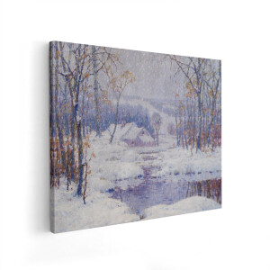 Artaza Canvas Schilderij Impressionistisch Winterlandschap met Huisje en Riviertje in de Sneeuw - 100x80 cm - Wanddecoratie Woonkamer - Schilderijen - Muurdecoratie