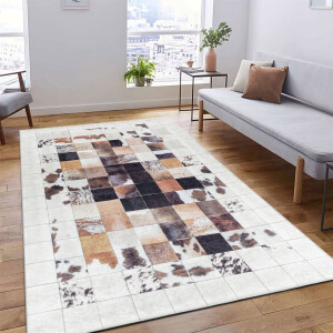 Flycarpets Amira Patchwork Design Wit / Bruin Vloerkleed - Wasbaar Laagpolig - 80x150 cm