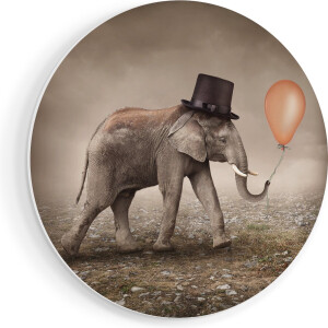 Artaza Forex Muurcirkel Olifant Met Een Oranje Ballon - Hoedje - 70x70 cm - Wandcirkel - Rond Schilderij - Wanddecoratie Cirkel - Muurdecoratie