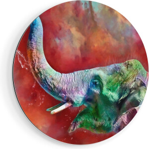 Artaza Dibond Muurcirkel Getekende Vrolijke Olifant - Abstract - Ø 90 cm - Groot - Wandcirkel - Rond Schilderij - Voor Binnen en Buiten