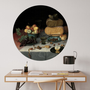 Label2X - Muurcirkel - Stilleven met Kazen, Floris Claesz. van Dijck - Ø 140 cm - Dibond - Multicolor - Wandcirkel - Rond Schilderij - Bloemen en Planten - Muurdecoratie Cirkel - Wandecoratie rond - Decoratie voor woonkamer of slaapkamer