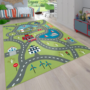 Flycarpets Binola Kindervloerkleed Groen / Grijs - 120x160 cm - Speelkleed / Speelmat Auto - Laagpolig Vloerkleed Kinderkamer