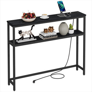 Signature Home Milly Consoletafel - Console tafel - Smalle Bijzettafel met laadstation - Haltafel Bijzettafels smalle - Tafel met 2 planken - Hout - Metaal - Zwart - 20 x 100 x 80 cm