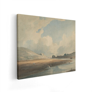 Artaza Canvas Schilderij Schilderachtige Waterverf van een Landschap met Kasteel en Scheepswerf - 100x80 cm - Wanddecoratie Woonkamer - Schilderijen - Muurdecoratie