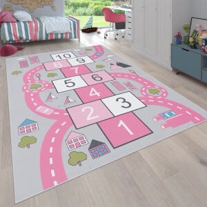 Flycarpets Binola Kindervloerkleed Roze / Grijs - 200x290 cm - Hinkelspel Speelkleed / Speelmat Auto - Laagpolig Vloerkleed Kinderkamer