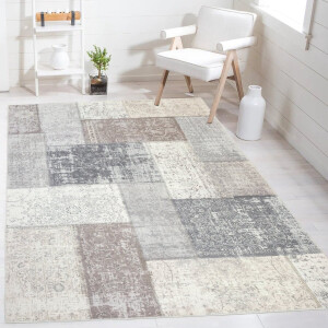 Flycarpets Burano Vintage Patchwork Vloerkleed - Grijs / Taupe - Laagpolig Tapijt - 200x290 cm