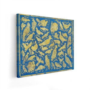 Artaza Canvas Schilderij Gouden Vogels op Blauwe Achtergrond - Historische Illustratie van Diverse Vogelsoorten - 100x80 cm - Wanddecoratie Woonkamer - Schilderijen - Muurdecoratie
